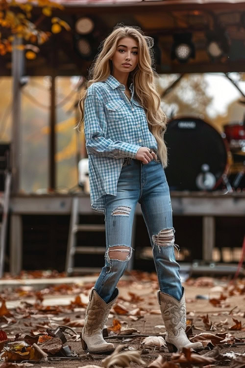 A woman wears a blue plaid shirt, ripped jeans, and beige cowboy boots