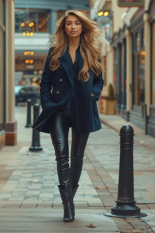 A woman wears a blue sport coat, blue blouse, black leather pants, and black cowboy boots