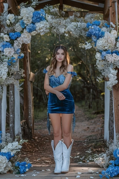 A woman wears a blue velvet mini bridesmaid dress with white cowboy boots