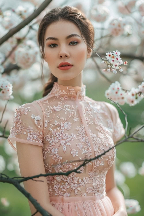 A woman wears a blush pink embroidered wedding guest dress with a high neckline