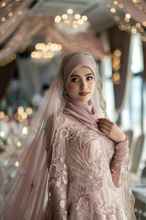 A woman wears a blush pink embroidered wedding guest dress with a matching hijab and veil