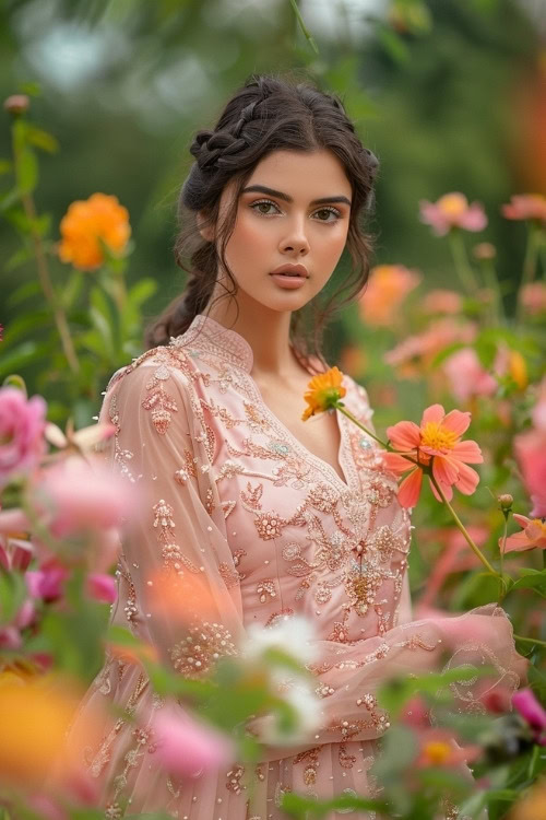 A woman wears a blush pink embroidered wedding guest dress with intricate detailing