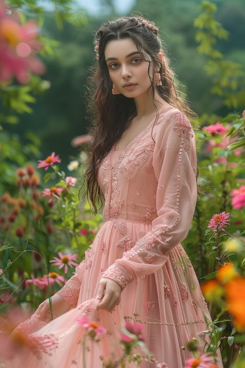 A woman wears a blush pink embroidered wedding guest dress with sheer sleeves and intricate detailing