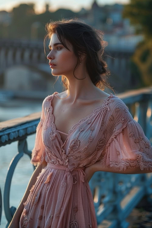 A woman wears a blush pink embroidered wrap wedding guest dress with flutter sleeves