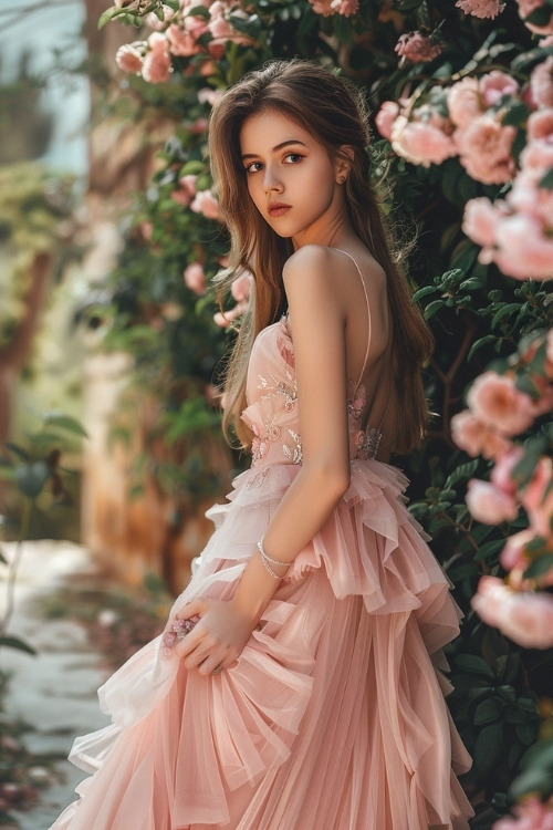 A woman wears a blush pink wedding guest dress with ruffled layers