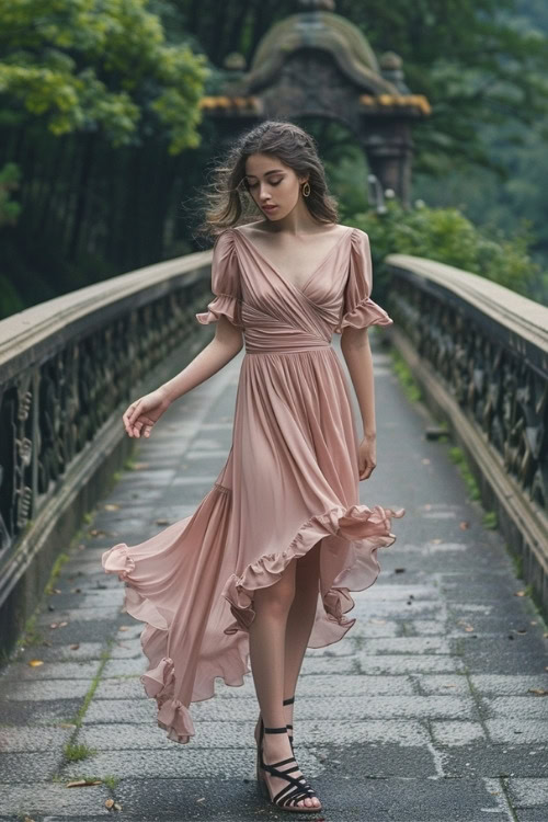 A woman wears a blush pink wrap wedding guest dress with ruffled sleeves and black heels