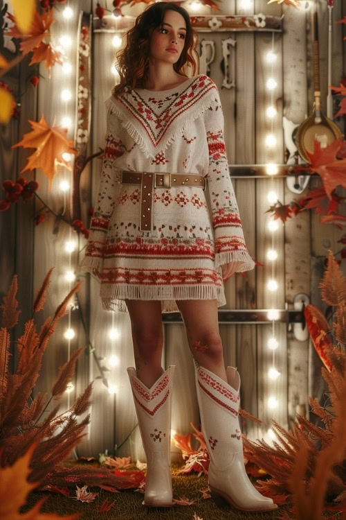 A woman wears a boho white sweater dress and white cowboy boots