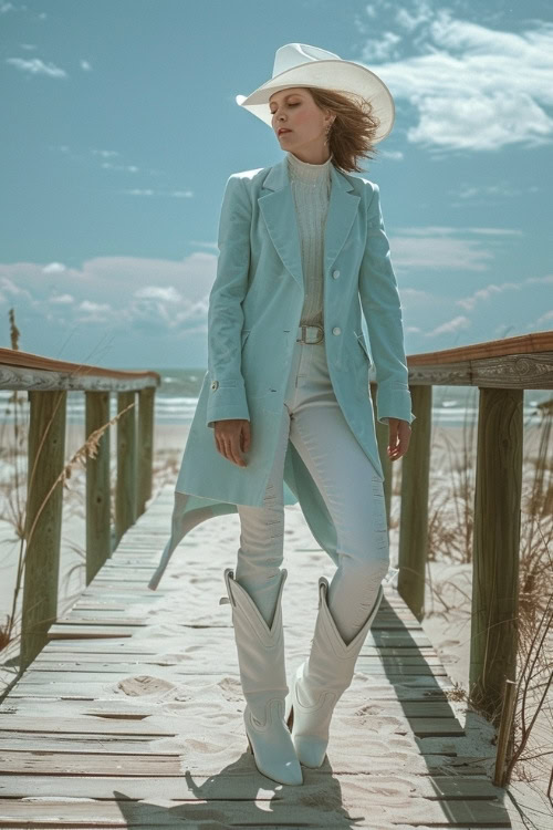 A woman wears a bright blue coat, white hat, white turtleneck, white belt, white pants and white cowboy boots