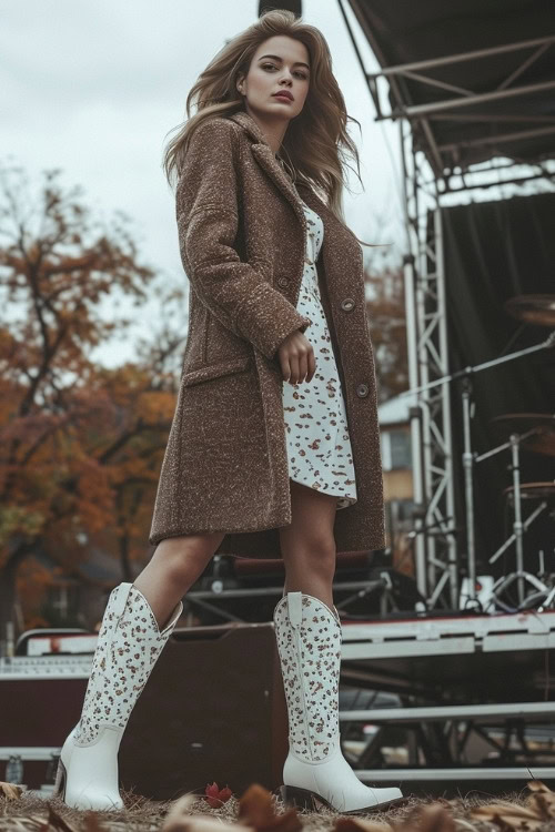 A woman wears a brown cardigan, a white floral dress, and white cowboy boots