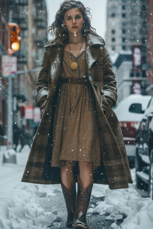 A woman wears a brown coat over a brown dress with brown cowboy boots