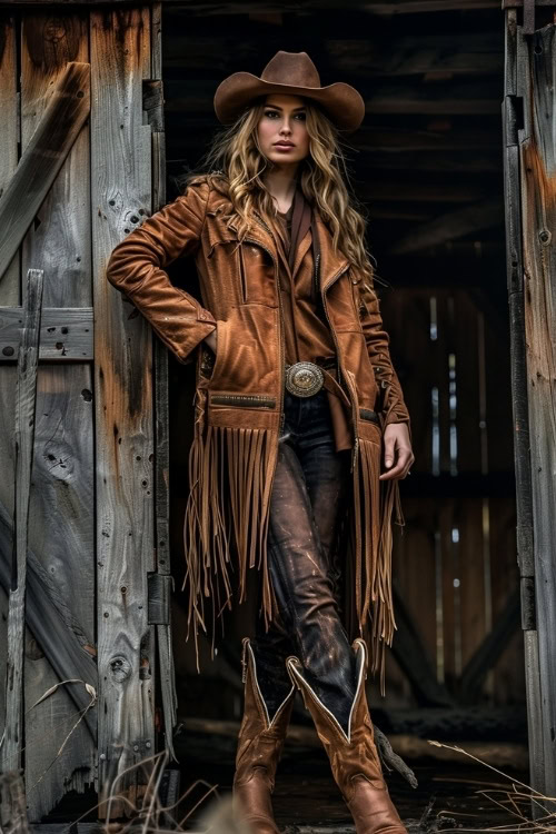 A woman wears a brown cowboy hat, brown fringe leather coat, blue jeans, and brown cowboy boots