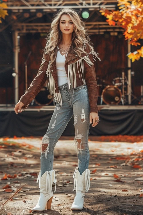 A woman wears a brown fringe leather jacket, a white top, ripped jeans, and white fringe cowboy boots