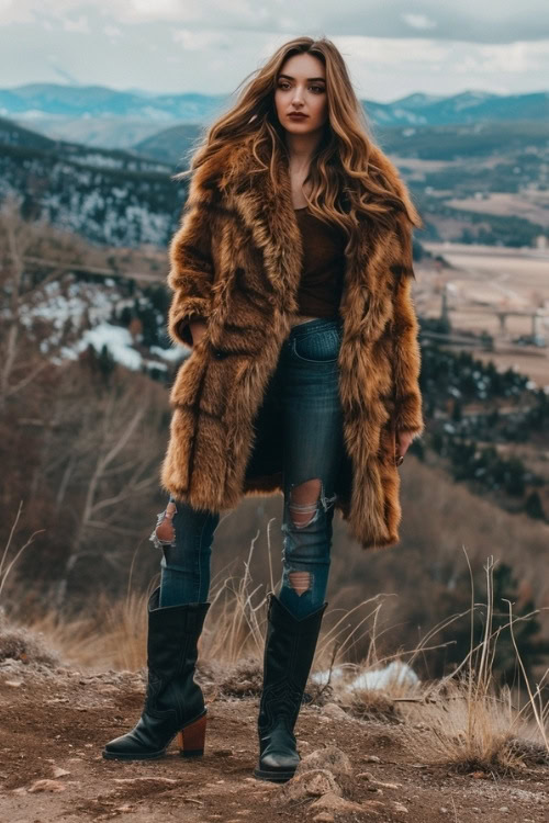 A woman wears a brown fur coat, ripped jeans, and black cowboy boots