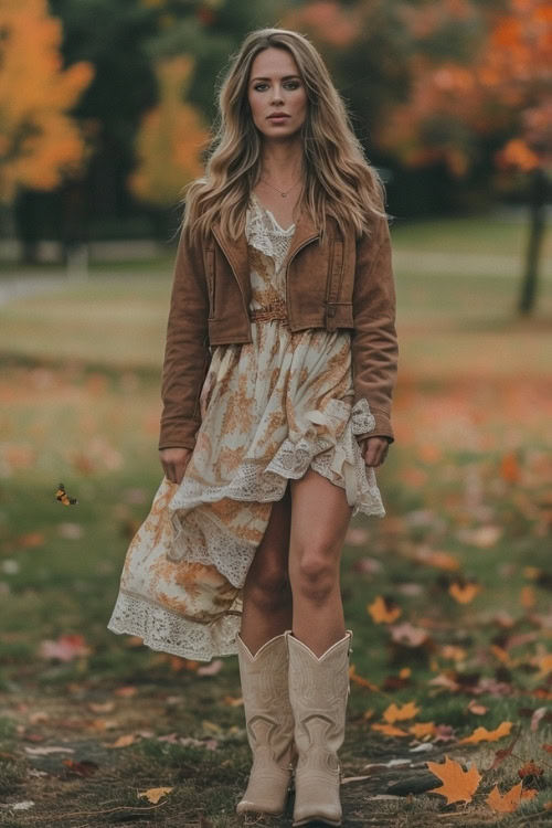 A woman wears a brown jacket, a cream floral dress, and beige cowboy boots