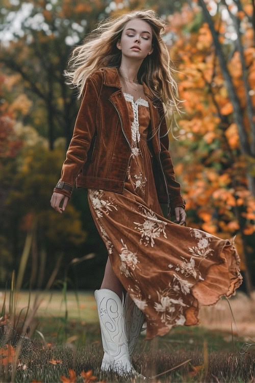 A woman wears a brown jacket, a long brown fringe dress, and white cowboy boots