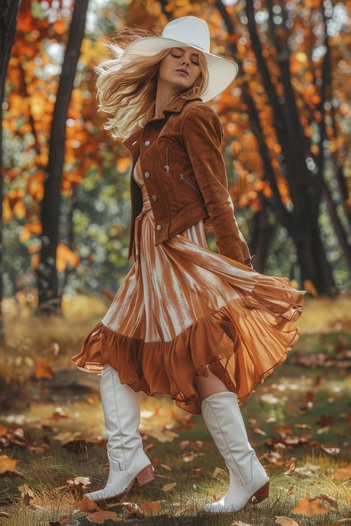 A woman wears a brown jacket, a long flowy dress, and white cowboy boots