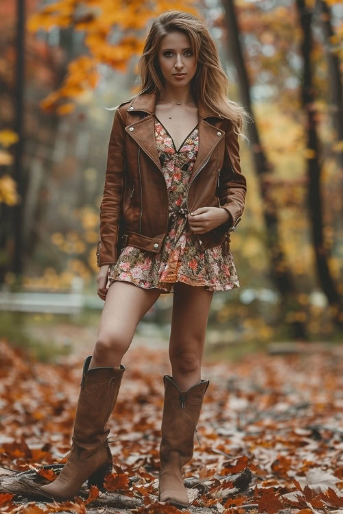 A woman wears a brown leather jacket, a floral dress, and brown cowboy boots