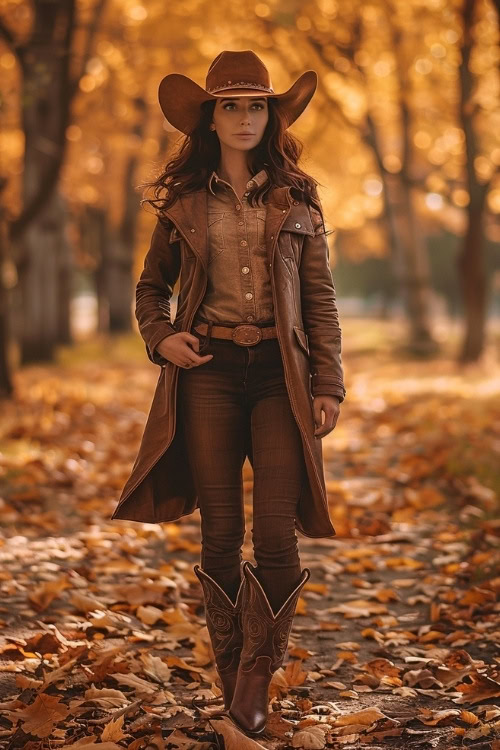 A woman wears a brown leather jacket, brown shirt, brown pants, brown cowboy hat, and brown cowboy boots