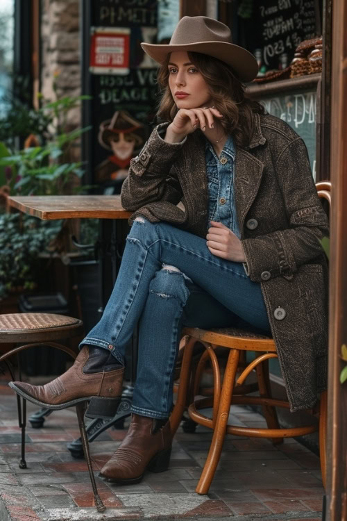 A woman wears a brown long coat, blue denim shirt, blue jeans, brown cowboy hat, and brown cowboy boots