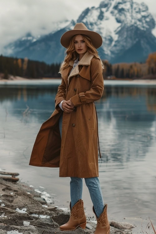 A woman wears a brown long coat, brown hat, blue jeans and brown ankle cowboy boots