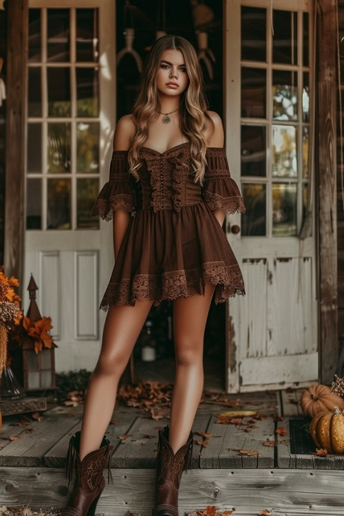 A woman wears a brown off-the-shoulder short country wedding guest dress and brown short cowboy boots