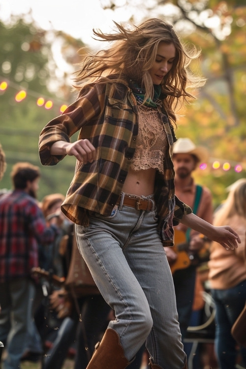 A woman wears a brown plaid shirt, a lace top, jeans, and brown cowboy boots