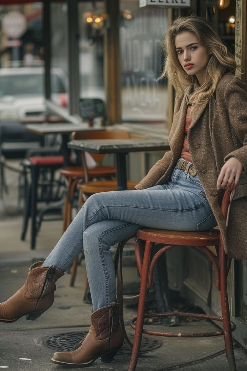 A woman wears a brown sport coat, blue jeans and brown ankle cowboy boots