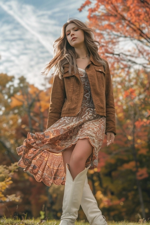 A woman wears a brown suede jacket, a flowy boho dress, and white cowboy boots