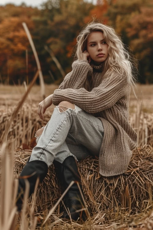 A woman wears a brown sweater, ripped jeans, and black cowboy boots