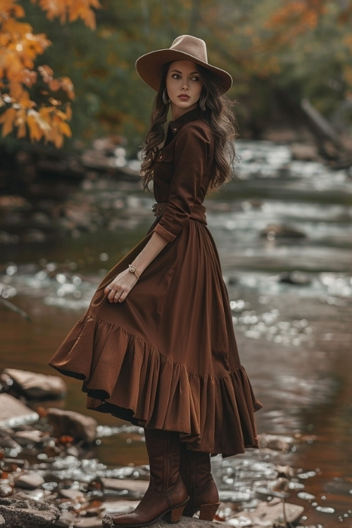 A woman wears a brown tiered country wedding guest dress with brown cowboy boots