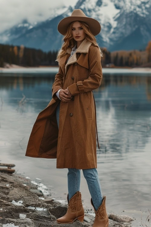 A woman wears a brown trench coat, brown hat, blue jeans, and brown ankle cowboy boots