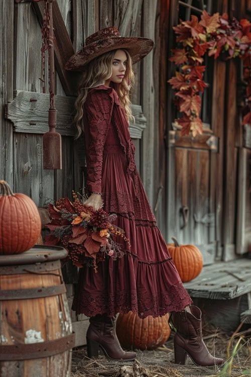 A woman wears a burgundy lace country wedding guest dress and brown ankle boots