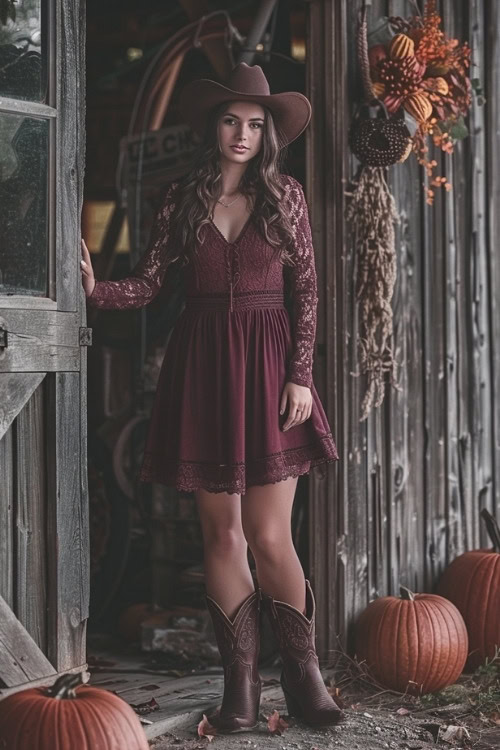 A woman wears a burgundy lace country wedding guest dress with brown cowboy boots (2)