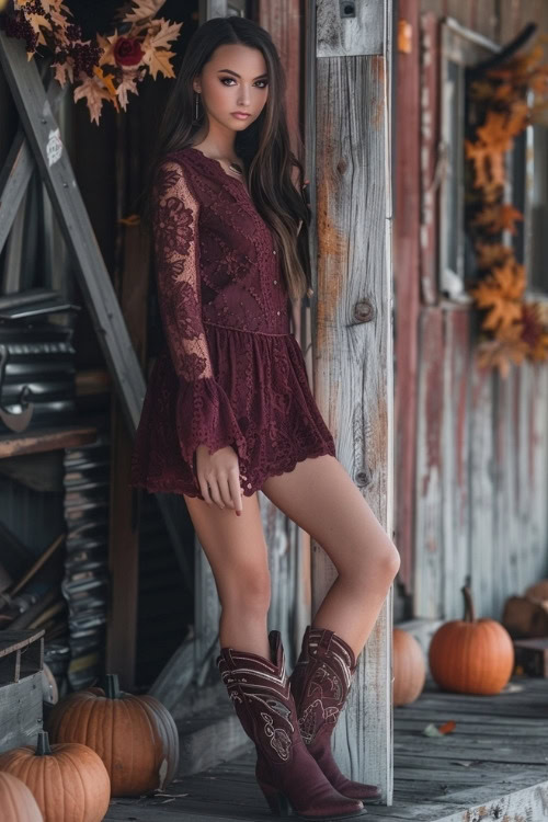 A woman wears a burgundy lace country wedding guest dress with brown cowboy boots