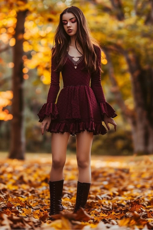 A woman wears a burgundy lace wedding guest dress with brown lace-up boots