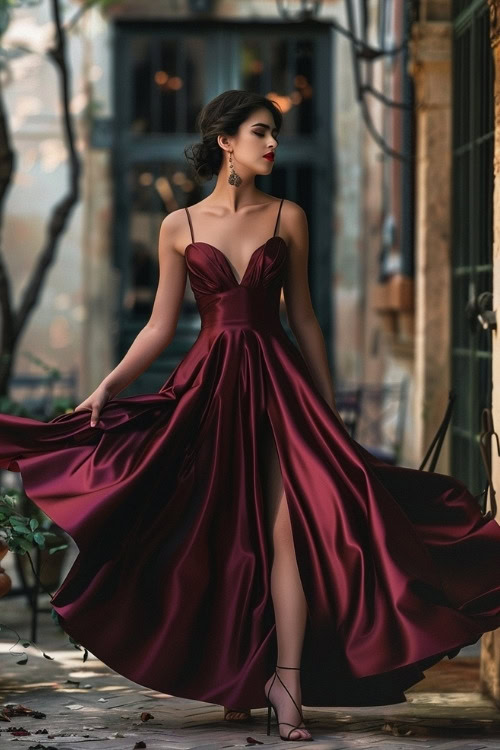 A woman wears a burgundy satin wedding guest dress with a high slit and black strappy heels