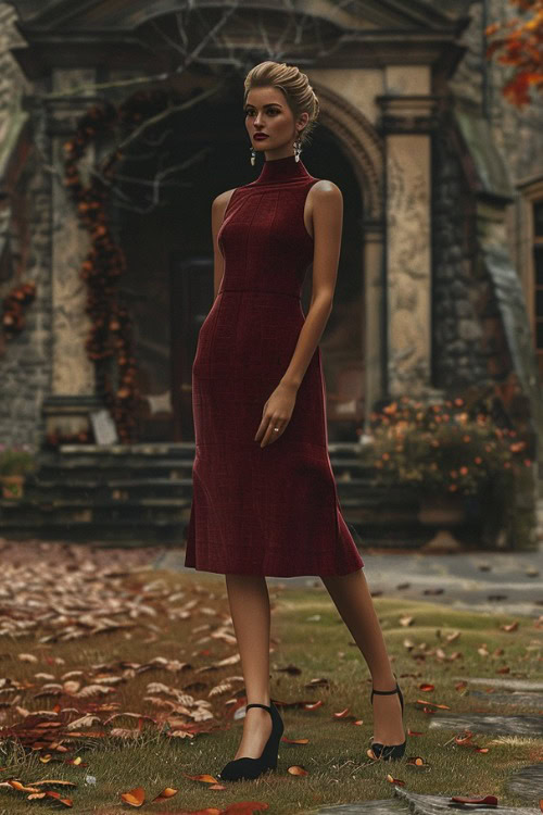 A woman wears a burgundy sleeveless midi wedding guest dress with a high neckline and black heels