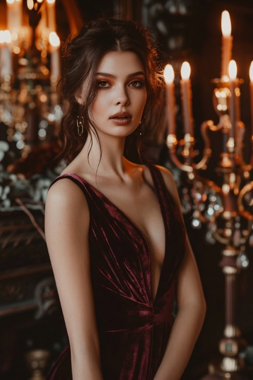 A woman wears a burgundy velvet wedding guest dress with a deep V-neckline