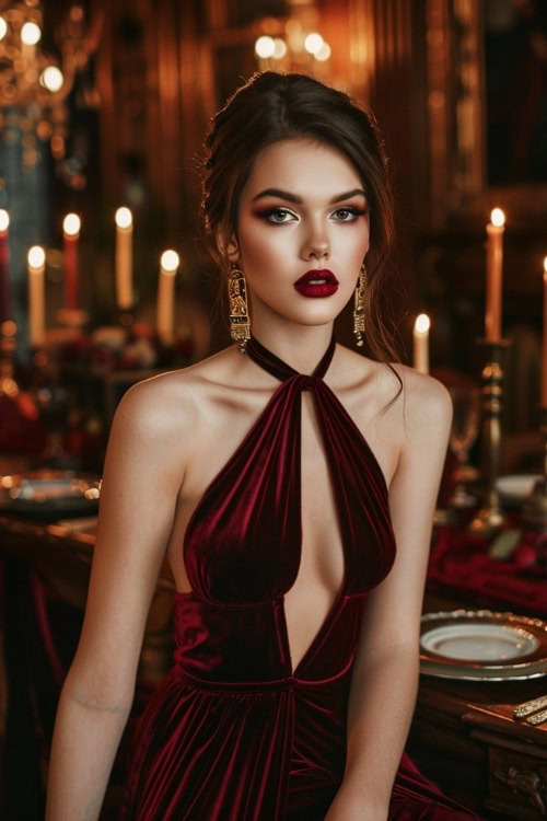 A woman wears a burgundy velvet wedding guest dress with a halter neck