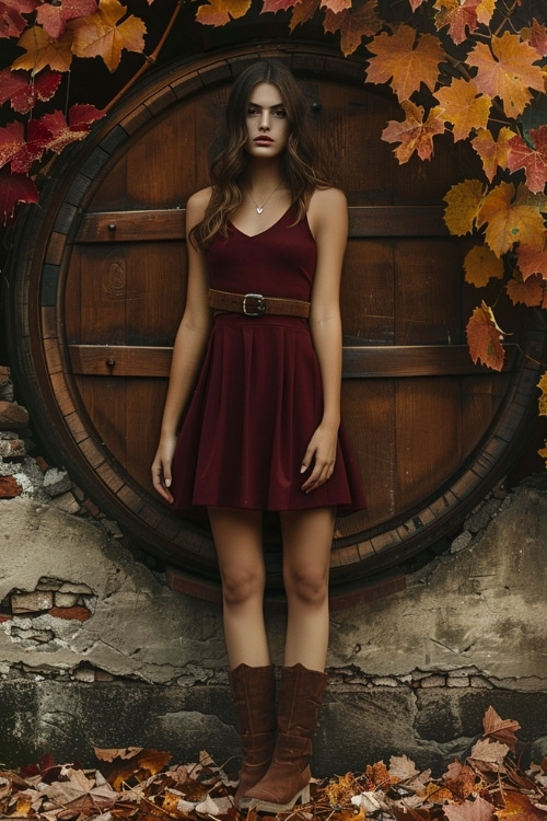 A woman wears a burgundy wedding guest dress with a brown belt and brown suede boots