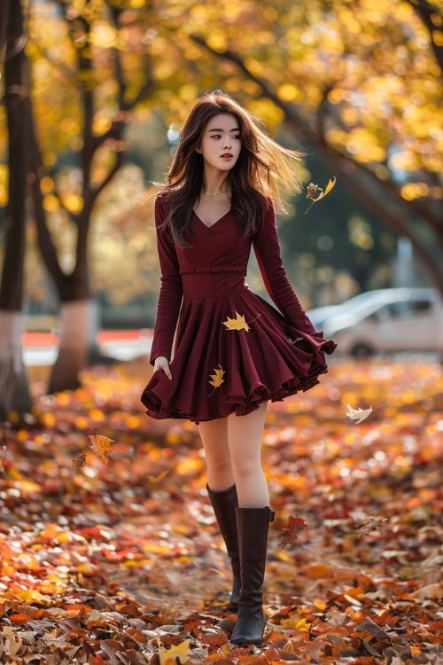 A woman wears a burgundy wedding guest dress with long sleeves and brown knee-high boots