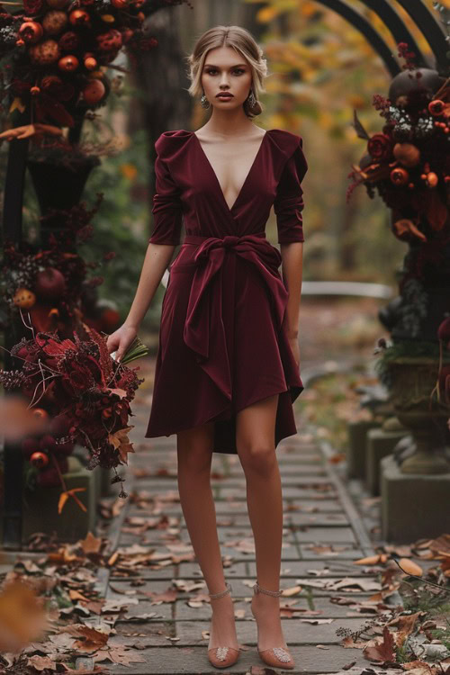 A woman wears a burgundy wrap-style wedding guest dress with a deep neckline and nude heels