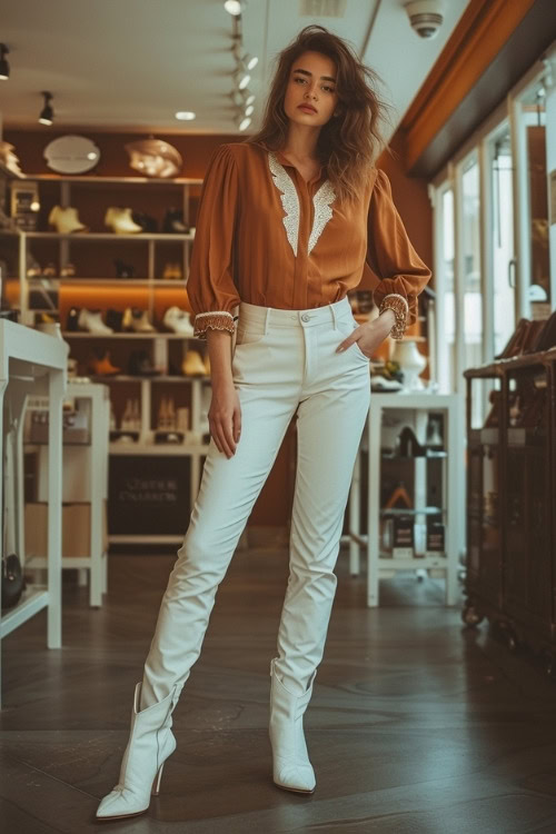 A woman wears a burnt orange blouse with white pants and white cowboy boots