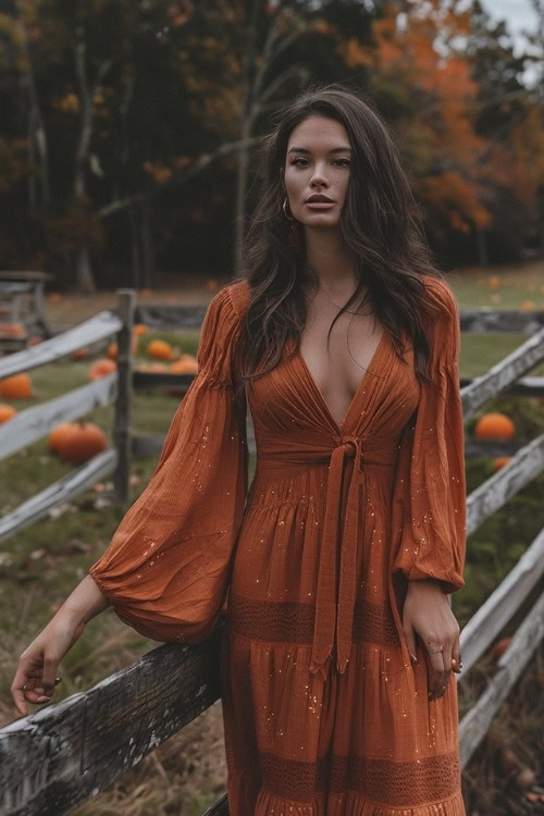 A woman wears a burnt orange country wedding guest dress with deep V-neckline and flowing bell sleeves