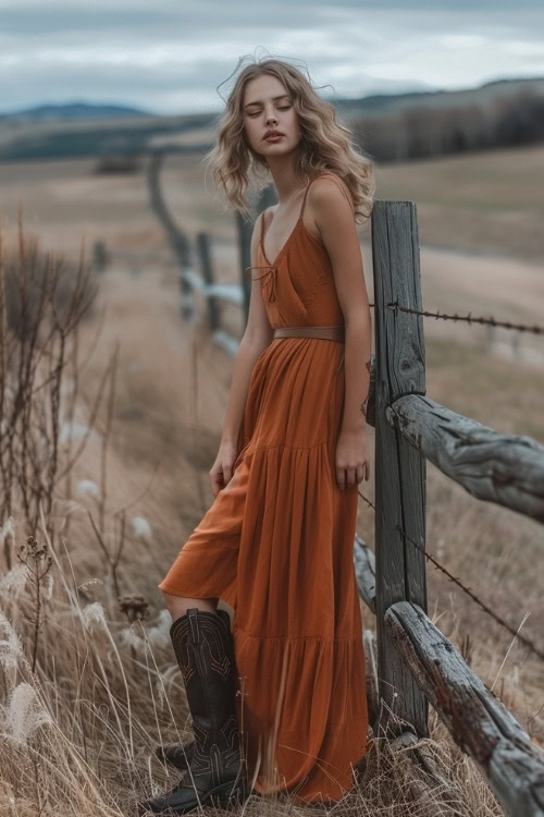 A woman wears a burnt orange pleated country wedding guest dress with black cowboy boots