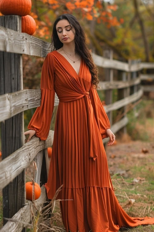 A woman wears a burnt orange pleated country wedding guest dress with long flowing sleeves and a deep V-neckline