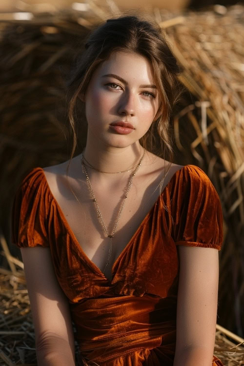 A woman wears a burnt orange velvet country wedding guest dress with deep V-neckline and short sleeves