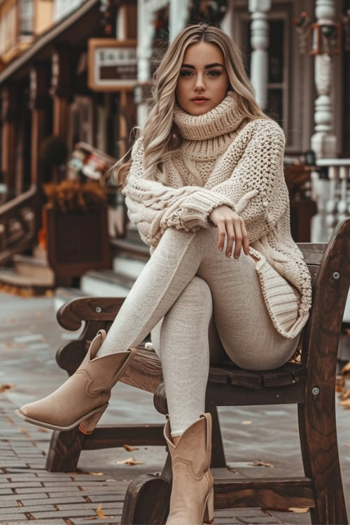 A woman wears a chunky white knit sweater and pants with beige cowboy boots