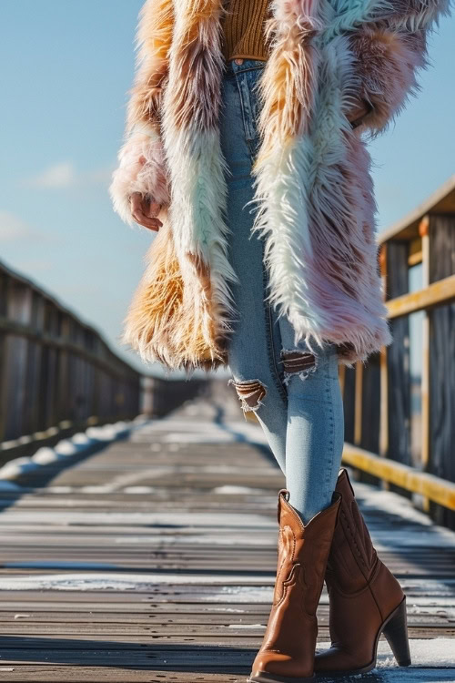 A woman wears a colorful fur coat, blue ripped jeans, and brown cowboy boots