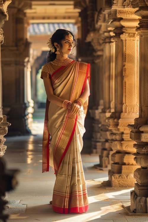 A woman wears a cream and red silk wedding guest saree with traditional gold jewelry